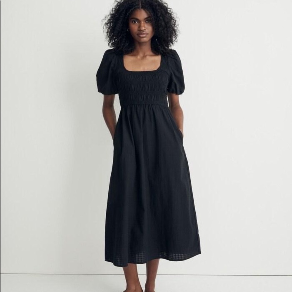 Lucie Elbow-Sleeve Smocked Midi Dress